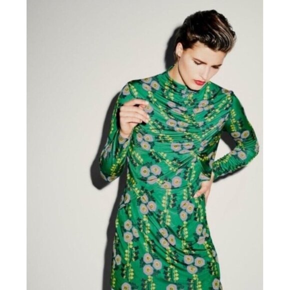 ZARA W/B Drape Ruched Mock Neck Midi Dress Sz S Green Floral 70s Retro Portugal - Picture 3 of 12